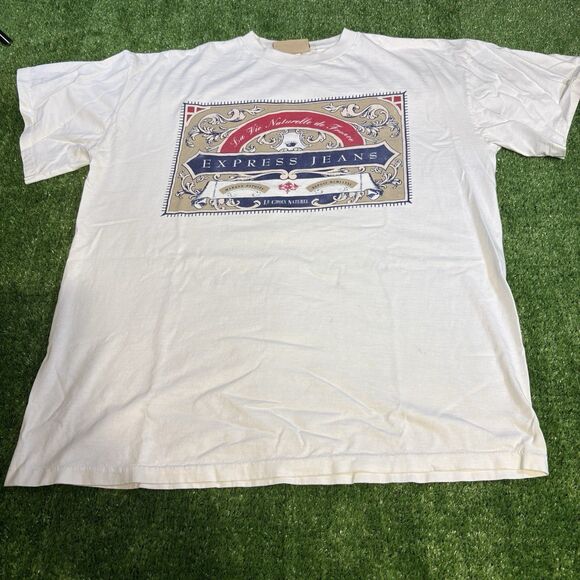Mens Vintage 90s Express Jeans Single Stitch Short Sleeve Shirt OSFA White - Picture 1 of 6